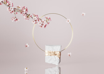 3D background, white rock podium, stone display with circle rim frame. Sakura pink flower branch, . Cosmetics, beauty product promotion step pedestal with gold. Abstract minimal banner 3D render