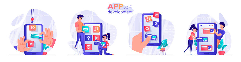 App development concept scenes set. Developers create mobile application, arrange interface buttons, create UI design. Collection of people activities. Vector illustration of characters in flat design