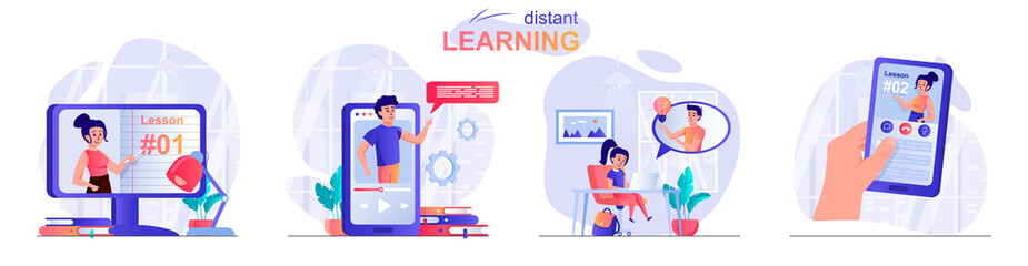 Poster - Distant learning concept scenes set. Online training from different gadgets, video tutorials, webinars, education. Collection of people activities. Vector illustration of characters in flat design
