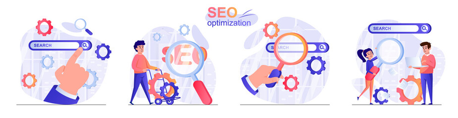 Poster - seo optimization concept scenes set. man customize search, increases position of website, ranking in