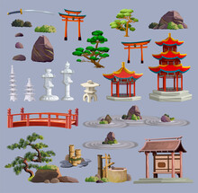 Ancient Japan Culture Objects Big Set With Pagoda, Temple, Ikebana, Bonsai, Trees, Stone, Garden, Japanese Lantern, Watering Can Isolated Vector Illustration. Japan Vector Set Collection