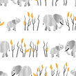 Seamless African pattern with cute elephant. Vector watercolor illustration. 