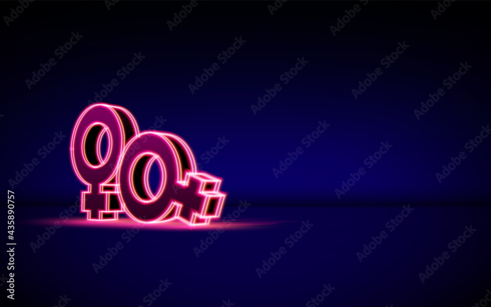 Gender signs illustration for lgbt themed background with two sexual female couple symbols. 3D gender neon signs for pride greeting cards or same sex wedding invitation - obrazy, fototapety, plakaty 