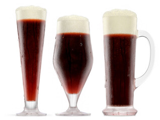 Wall Mural - Set of fresh beer in different mugs with bubble froth isolated on white.