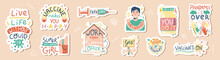 Vaccination Hand Drawn Sticker Set With Quotes.Time To Vaccinate Concept.Lettering About Covid-19.Stop Pandemic Coronavirus.Lifestyle Doodle Elements Collection.Syringe With Vaccine.Health Care