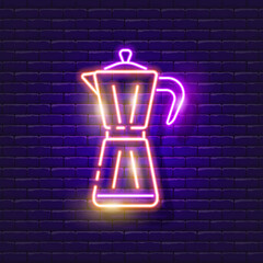 Wall Mural - Geyser coffee maker neon sign. Vector illustration for design. Drinks concept. Glowing icon of the home appliance making coffee.