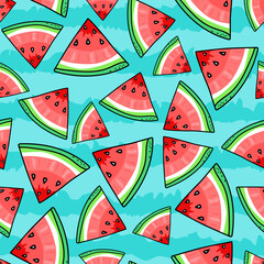 Wall Mural - Seamless watermelon pattern. Pieces watermelon on blue strips background.