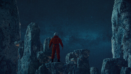 astronaut auf felsen mit aussicht auf sternenhimmel | science fiction / retro-scifi szene | 3d rende