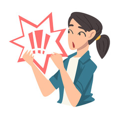 Sticker - Surprised Girl Holding Speech Chat Bubble with Three Exclamation Marks in her Hands, People Communicating, Messaging, Chatting Cartoon Vector Illustration