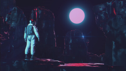 Wall Mural - Astronaut In Dark Rocky Landscape Lookingt Into Starry Sky With Neon Glowing Sun | Science Fiction / Retrowave / Synthwave | 3D Render Illustration 8K 