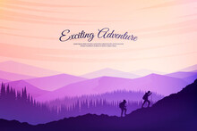Vector Background With Tourists. Travel Concept Of Discovering, Exploring And Observing Nature. Hiking. Travelers Climb With Backpack And Travel Walking Sticks. Website Template. Flat Landscape
