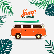 Vintage Surf Travel Bus Concept. Summer Tropical Background. Flat Vector Illustration