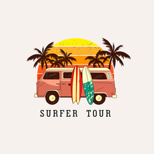 Vintage Retro Surf Van With Palm Trees On The Background Of The Sun. Hand-drawn T-shirt With A Pattern, Print. Vector Illustration.The Concept Of The Travel By Bus Logo. Retro Vector Illustration