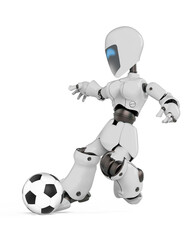 robot girl is kicking the football ball in white background