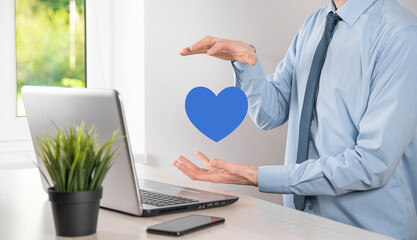 Wall Mural - Businessman in shirt holding heart like icon symbol