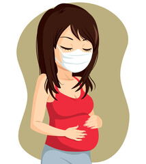 Young pregnant woman wearing white medical face mask and touching belly