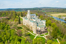Aerial View On The Castle In Hluboka Nad Vltavou, Historic Chateau With Beautiful Gardens Near Ceske Budejovice, Czech Republic