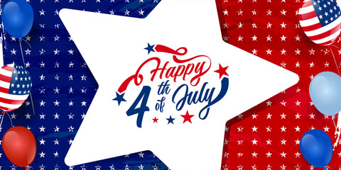 Wall Mural - USA, America happy 4th of July custom hand-lettering, typography design with stars on usa color theme star background template for Brochures, Poster, Social media. Vector illustration.
