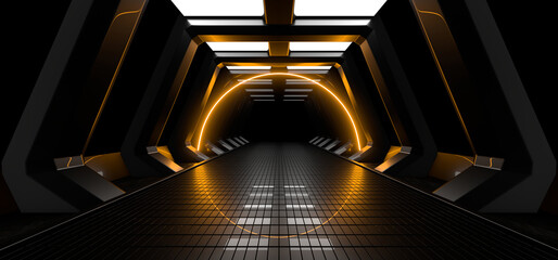 Fototapete - Sci Fy neon lamps in a dark corridor. Reflections on the floor and walls. 3d rendering image.