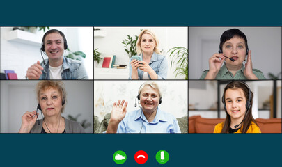 Family chatting distantly using video conferencing service. online virtual chat, relatives glad to see adorable child, enjoying group call