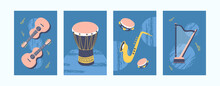 Set Of Musical Instruments Illustrations In Pastel Style. Collection Of Creative Art Posters In Retro Style. Guitar, Harp, Violin And Pipe On Blue Background. Art Concept For Banners, Website Design