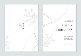 Wall Mural - Minimalist foliage wedding invitation card template design, leaves line art ink drawing on white