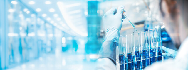 Wall Mural - banner background, health care researchers working in life science laboratory, medical science techn