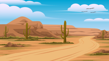 Illustration of a view of desert mountains sky and Cactus On both sides of a small road It was a day when the sky was clear the atmosphere was bright