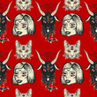 Dark witchy seamless pattern in tattoo art style with four eyed lady, cat and devil goat.