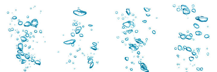 set blue water bubble oxygen air, in underwater, clear liquid with bubbles flowing up on the water surface, isolated on a white background