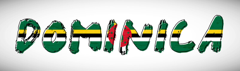 Dominica flag on text typography. Country name banner strip. Creative typography background