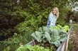 young pretty woman with blue shirt and gloves with flower design posing by raised bed full of fresh vegetables and lettuce
