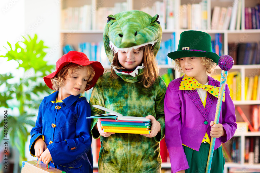 Kids in book character costume. School party. - obrazy, fototapety, plakaty 