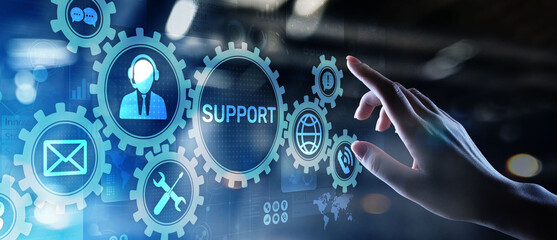 Fototapete - Support button on virtual screen. Customer service and communication concept.