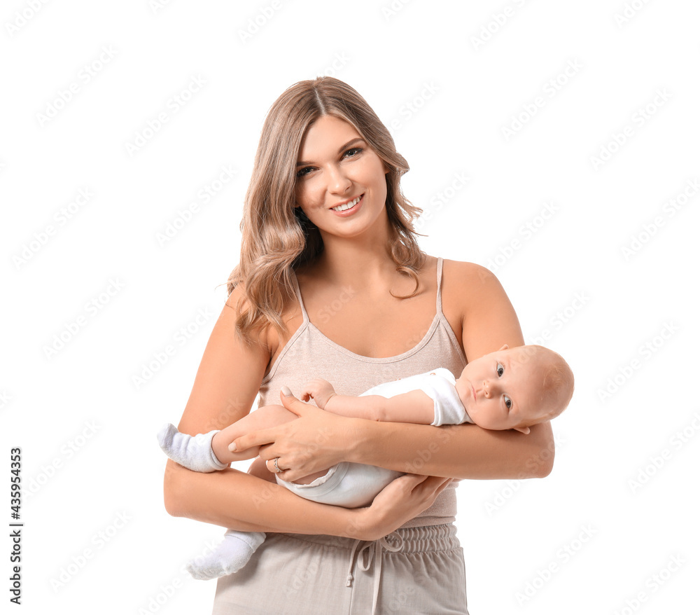 Happy mother with cute little baby on white background