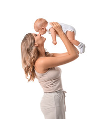 Mother playing with cute little baby on white background