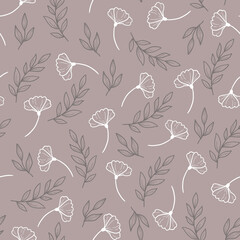 Aufkleber - Hand drawn seamless floral pattern with simple little flower branch. Doodle sketch line style. Vector illustration for nature foliage wallpaper, background, textile design..
