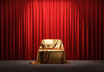 Wall Mural - theater stage with armchair covered in golden drapery. 3d illustration