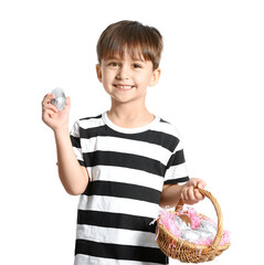 Poster - Cute little boy with basket of chocolate Easter eggs on white background