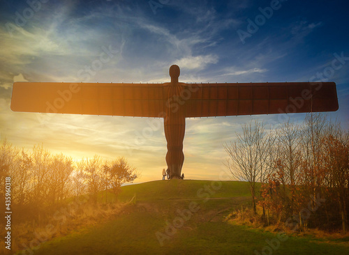 The Angel of the North at sunset is a contemporary sculpture, designed by Antony Gormley, located in Gateshead in Tyne and Wear, England.