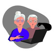 © Tetiana Kasatkina - scammers and the elderly. Cyber ​​thief, internet scammer. A thief steals money from an online wallet, credit card. Flat design vector illustration.