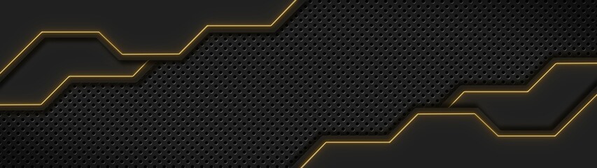 Poster - abstract perforated background - graphic tapes over carbon surface - banner design - 3D Illustration