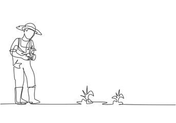 Wall Mural - Single one line drawing of young male farmer bring crops to be planted in farm fields. Farming challenge activities minimalist concept. Modern continuous line draw design graphic vector illustration.