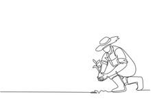 Single Continuous Line Drawing Young Male Farmer Planting Plant Shoots In The Ground. Start The Planting Period. Minimalism Metaphor Concept. Dynamic One Line Draw Graphic Design Vector Illustration.