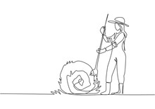 Single Continuous Line Drawing Young Female Farmer Was Stabbing A Haystack And Rolling It Up With A Straw Stick. Farming Minimalism Concept. Dynamic One Line Draw Graphic Design Vector Illustration.