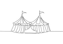 Single One Line Drawing Of Two Circus Tents Together With Stripes And Flags At The Top. Show Place For Clowns, Magicians, Animals. Modern Continuous Line Draw Design Graphic Vector Illustration.