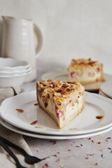 Wall Mural - Closeup shot of delicious rhubarb cheese pie on a plate on a white table