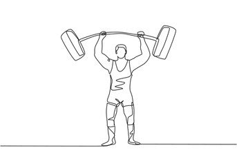 Poster - Continuous one line drawing the strongman raised the curved barbell with his two hands. His muscles were clearly visible to the circus audience Single line draw design vector graphic illustration.