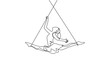 Single continuous line drawing a female acrobat performs on the trapeze while dancing and spreading her legs apart. It takes courage and risks. Dynamic one line draw graphic design vector illustration