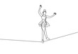 Single one line drawing a female acrobat walking on a rope while dancing and raising her hands. This attraction requires courage and agility. Continuous line draw design graphic vector illustration.